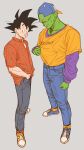  2boys baseball_cap black_eyes black_hair casual clenched_teeth colored_skin dragon_ball dragon_ball_z full_body green_skin grin hand_in_pocket hat highres male_focus multiple_boys pants piccolo pointy_ears shirt shoes simple_background smile son_goku standing sweatdrop teeth yoyoha_chan 
