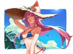  1girl animal_ear_fluff animal_ears arm_up bangs bikini blue_bikini blue_sky breasts brown_eyes brown_headwear cleavage commentary_request day eyebrows_hidden_by_hair fate/grand_order fate_(series) flower fox_ears hair_between_eyes hand_on_headwear hat hat_flower highres long_hair looking_at_viewer medium_breasts navel parted_lips pink_hair purple_flower red_flower short_eyebrows side-tie_bikini sky smile solo straw_hat sun swimsuit tamamo_(fate) tamamo_no_mae_(swimsuit_lancer)_(fate) thelian thick_eyebrows upper_body very_long_hair 