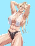  1girl abs absurdres bangs blonde_hair blue_background blue_eyes elf fantasy highres long_bangs long_hair looking_to_the_side minh_pham muscular muscular_female original pointy_ears ponytail solo sportswear topless towel towel_around_neck 
