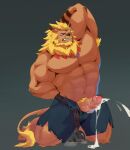  bandai_namco blonde_hair bodily_fluids bottomwear clothed clothing cum digimon digimon_(species) erection genital_fluids genitals hair hi_res leomon male mane muscular nipples open_bottomwear open_clothing open_pants pants penis q1124025703 solo topless 