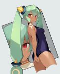  2girls absurdres ass bangs bare_shoulders blush breasts closed_mouth cropped_legs dark-skinned_female dark_skin empty_eyes green_eyes green_hair highres korean_commentary long_hair looking_at_viewer medium_breasts mega_man_(series) mega_man_legends mega_man_legends_2 multiple_girls one-piece_swimsuit parted_lips red_eyes sera_(mega_man) serin199 short_hair swimsuit tattoo twintails yuna_(mega_man) 