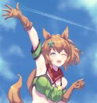  1girl ;d absurdres animal_ears arm_up armpits bandana bandeau bangs bare_shoulders bikini bikini_under_clothes blue_eyes blue_sky breasts brown_gloves brown_hair cloud commentary contrail day gloves hair_ornament hand_up highres horse_ears large_breasts looking_at_viewer midriff one_eye_closed open_mouth outdoors ponytail short_hair sky smile solo star_(symbol) star_hair_ornament stella_(stella) swimsuit taiki_shuttle_(umamusume) tail umamusume upper_body 