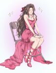  1girl aerith_gainsborough bow bracelet breasts brown_hair chair cleavage closed_eyes dress earrings final_fantasy final_fantasy_vii final_fantasy_vii_remake folding_chair hair_bow hands_on_own_knees high_heels highres jewelry kivavis necklace official_alternate_costume pink_dress pink_footwear sitting smile solo 