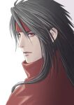  1boy black_hair cloak close-up closed_mouth expressionless final_fantasy final_fantasy_vii hair_between_eyes hair_over_shoulder headband high_collar highres long_hair male_focus pale_skin portrait red_cloak red_eyes red_headband sd_supa solo vincent_valentine white_background 