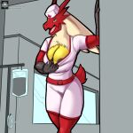  anthro areola areola_slip big_breasts blaziken blue_eyes breasts clothed clothing female fours_(artist) hi_res looking_at_viewer nintendo non-mammal_breasts nurse nurse_clothing nurse_uniform open_mouth pok&eacute;mon pok&eacute;mon_(species) red_body solo topwear_down uniform video_games white_body yellow_sclera 