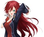  1girl bangs black_jacket blue_eyes breasts celis_ortesia cleavage collar covering_mouth eiyuu_densetsu fingerless_gloves floating_hair gloves hakuleg hand_over_own_mouth jacket kuro_no_kiseki long_hair long_sleeves one_eye_closed open_mouth red_gloves red_hair red_shirt shirt stretching tears teeth white_background yawning 