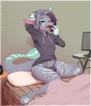  2019 anthro artist_name barefoot bed bedding biped blue_eyes bulge clothed clothing computer_monitor crossdressing desk digital_media_(artwork) feet furniture girly grey_clothing grey_hoodie grey_panties grey_topwear grey_underwear hoodie inside male mammal markings on_bed one_eye_closed open_mouth panties pantsless re-sublimity-kun shaded solo table topwear underwear waking_up yawn 