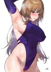  1girl arm_up armpits blue_gloves blue_leotard blush breasts brown_hair covered_navel covered_nipples cowboy_shot elbow_gloves from_side gloves groin highleg highleg_leotard highres karinto_yamada large_breasts leotard lips long_hair looking_down open_mouth original purple_eyes sideboob signature simple_background skindentation sleeveless sleeveless_turtleneck sleeveless_turtleneck_leotard solo standing steaming_body straight_hair thighs turtleneck turtleneck_leotard white_background 