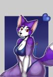  &lt;3 anthro bikini bikini_bottom bikini_thong bikini_top breasts canid canine canis clothing female fennec fishi_(skade) fox fox_tail fur hi_res mammal purple_body purple_fur red_eyes skade_(artist) smile solo swimwear thick_thighs wide_hips 