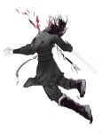  1boy arrow_(projectile) blood blood_in_hair blood_on_clothes blood_on_face closed_eyes fingernails grey_background greyscale highres holding holding_weapon injury male_focus monochrome nosebleed original simple_background sketch solo spot_color tsuchinoeichi_kuchi weapon 