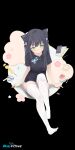  1girl absurdres animal_ear_fluff animal_ears bangs black_background black_dress black_hair blue_archive closed_mouth commentary_request copyright_name dress full_body green_eyes highres knee_up long_hair no_shoes short_sleeves shun_(blue_archive) shun_(small)_(blue_archive) sitting solo star_anise thighhighs white_thighhighs 