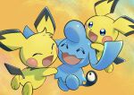  :d ^_^ closed_eyes commentary_request happy highres no_humans open_mouth orange_background pichu pkpokopoko3 pokemon pokemon_(creature) smile tongue wynaut 