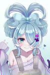  +_+ 1girl absurdres alternate_hairstyle aqua_eyes bangs bare_shoulders blue_bow blue_eyes blue_hair blue_nails blue_wings borrowed_hairstyle bow breasts cleavage closed_mouth dithered_background dithering double_bun dragon_girl elira_pendora grey_overalls hair_bow hair_bun hair_ornament hair_over_one_eye hair_rings hair_up head_wings heart highres large_breasts light_blush long_hair looking_at_viewer mole multicolored_hair nijisanji nijisanji_en no_bra off_shoulder one_eye_covered overall_shorts overalls oversized_clothes reityana sidelocks sleeves_past_wrists smile solo sweater swept_bangs updo upper_body virtual_youtuber white_hair white_sweater wings x_hair_ornament 