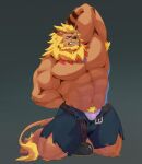  bandai_namco blonde_hair bottomwear bulge clothed clothing digimon digimon_(species) genital_outline hair hi_res leomon male mane muscular nipples open_bottomwear open_clothing open_pants pants penis_outline q1124025703 solo topless underwear 