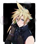  1boy aqua_eyes bare_shoulders black_background blonde_hair blue_shirt border brown_gloves clenched_hand cloud_strife crying dated earrings final_fantasy final_fantasy_vii gloves hair_between_eyes hand_to_own_face jewelry krudears looking_at_viewer male_focus shirt short_hair single_earring sleeveless sleeveless_shirt solo spiked_hair teardrop tears upper_body 