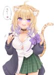  ahoge alternate_hair_color alternate_skin_color animal_ears animal_print blonde_hair blush bow bowtie bowtie_removed breasts button_gap cat_ears cat_girl cat_tail choker cleavage green_skirt gyaru heart highres hololive jacket large_breasts leopard_print mim0_ri miniskirt multicolored_hair nekomata_okayu open_clothes open_jacket open_mouth partially_unbuttoned plaid plaid_skirt pleated_skirt purple_eyes purple_hair purple_nails school_uniform shirt skirt smile spoken_heart tail translated two-tone_hair untied virtual_youtuber white_shirt 