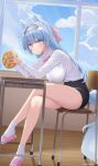 1girl absurdres ahoge animal_ears bare_legs black_skirt blue_eyes blue_hair bread breasts chair collared_shirt cream cream_on_face crossed_legs desk food food_on_face fox_ears fox_girl fox_tail hairband high-waist_skirt highres holding large_breasts lethe_(lethe187) long_hair long_sleeves looking_at_viewer melon_bread miniskirt original school_chair school_desk shirt shirt_tucked_in sitting skirt slippers socks solo tail tail_through_clothes taut_clothes taut_shirt thighs twitter_username white_shirt white_socks 