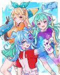  3girls :3 alternate_costume aqua_eyes black_gloves blonde_hair bodystocking breasts butterfly_hair_ornament earrings elbow_gloves elira_pendora fairy finana_ryugu fish_girl flower from_behind giant_pencil gloves green_hair hair_between_eyes hair_flower hair_ornament hair_over_one_eye head_fins head_wings highres jewelry lazulight long_hair looking_at_viewer looking_back medium_breasts miniskirt mugimugigo multiple_girls nail_polish nijisanji nijisanji_en one_eye_closed one_eye_covered open_mouth orange_shirt overalls paint pikl_(elira_pendora) pleated_skirt pointy_ears pomu_rainpuff purple_eyes purple_shirt red_eyes red_shirt roller_brush shirt shirt_tucked_in simple_background skirt smile socks spray_paint virtual_youtuber wristband x_hair_ornament 