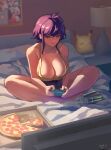  1girl barefoot breasts brown_eyes camisole can character_doll cleavage controller english_commentary food food_on_face full_body gad_the_god game_controller gamepad highres huge_breasts indian_style lamp mario_(series) monster_energy on_bed original pikachu pizza pizza_box playing_games pokemon poster_(object) purple_hair short_hair shorts sitting soda_can solo super_mario_bros._1 television yellow_camisole 