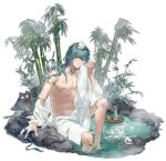  1boy androgynous aqua_eyes bird blue_hair highres long_hair looking_at_viewer mahjong_soul male_focus nude official_art onsen parted_lips rock sammir_(mahjong_soul) sitting solo tachi-e tea teeth towel tree water white_bird yostar 