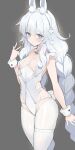 1girl absurdres animal_ears azur_lane bare_shoulders blue_eyes braid breasts closed_mouth covered_navel diamond-shaped_pupils diamond_(shape) duplicate fake_animal_ears frilled_leotard frills grey_background hairband hand_up highleg highleg_leotard highres korean_commentary le_malin_(azur_lane) le_malin_(listless_lapin)_(azur_lane) leotard long_hair looking_at_viewer official_alternate_costume pantyhose pixel-perfect_duplicate rabbit_ears serin199 side_cutout simple_background skindentation small_breasts solo symbol-shaped_pupils thigh_strap thighs twin_braids unfinished v very_long_hair white_hair white_leotard white_pantyhose wrist_cuffs 