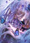  1boy bishounen blue_butterfly blue_eyes blue_hair blue_theme bug butterfly glasses hato_(dovecot) highres long_hair looking_at_viewer male_focus original purple_theme solo 