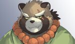  2022 anthro biped black_nose brown_body canid canine clothed clothing cute_fangs gyobu hi_res kemono lifewonders mammal portrait ptcmtr raccoon_dog scar simple_background solo tanuki tokyo_afterschool_summoners video_games 