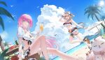  2girls absurdres animal_ears bare_arms bare_legs beach bikini blue_eyes breasts brown_hair cat_ears cat_girl cup elysia_(honkai_impact) hair_ornament highres holding holding_cup honkai_(series) honkai_impact_3rd long_hair looking_at_viewer multiple_girls open_mouth pardofelis_(honkai_impact) swimsuit sye- thighs 