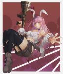  1girl :/ alternate_costume animal_ears bangs belt black_thighhighs blush breasts closed_mouth collarbone english_commentary eyelashes fingernails full_body gun highres holding holding_gun holding_weapon jacket long_hair long_sleeves looking_at_viewer medium_breasts midriff open_clothes open_jacket purple_eyes purple_hair rabbit_ears reisen_udongein_inaba scar scar_across_eye sharp_fingernails shiny shiny_skin short_shorts shorts sidelocks single_strap solo splatter_background thighhighs tomatolover16 toned torn_thighhighs touhou weapon white_jacket 