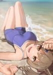  1girl absurdres amepa_(ame_pinecandy) animal_ears bangs bare_arms bare_legs barefoot blue_swimsuit blurry bow breasts brown_hair covered_navel depth_of_field hair_bow highres horse_ears horse_girl horse_tail knees_up looking_at_viewer lying medium_breasts medium_hair ocean on_back one-piece_swimsuit open_mouth orange_eyes outdoors school_swimsuit smart_falcon_(umamusume) smile solo swimsuit tail twintails umamusume water waves 