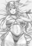  1girl absurdres attyon bangs bed_sheet bikini breasts covered_nipples flower greyscale hair_flower hair_ornament hairband highres kantai_collection large_breasts long_hair looking_at_viewer lying monochrome official_alternate_costume on_back parted_lips signature solo swimsuit very_long_hair washington_(kancolle) 