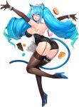  1girl animal_ears aqua_hair ass aurora_(last_origin) bangs black_leotard blush breasts brown_gloves brown_thighhighs cake cat_ears cat_tail detached_sleeves drill_hair elbow_gloves food from_behind full_body gloves hair_between_eyes high_heels highres large_breasts last_origin leg_lift leotard long_hair looking_at_viewer looking_back macaron maid_headdress multicolored_hair official_alternate_costume official_art open_mouth pie pink_eyes pink_hair pocky sideboob smile snowball22 solo streaked_hair tachi-e tail thighhighs transparent_background twin_drills 