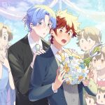  2boys 3others blue_eyes blue_hair blush brown_hair dress flower formal hasegawa_langa highres jacket kyan_reki long_sleeves male_focus multiple_boys multiple_others necktie open_mouth orange_eyes red_hair ribbon shirt short_hair sk8_the_infinity suit uppi 