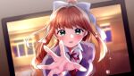  1girl absurdres blush bow brown_hair commentary_request doki_doki_literature_club facing_viewer green_eyes hair_bow highres kazepana long_hair long_sleeves monika_(doki_doki_literature_club) neck_ribbon open_mouth reaching_out red_ribbon ribbon school_uniform smile solo tears white_bow 