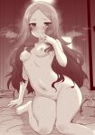  1girl bangs blush breasts fate/grand_order fate_(series) forehead greyscale highres leonardo_da_vinci_(fate) leonardo_da_vinci_(rider)_(fate) long_hair looking_at_viewer m-da_s-tarou monochrome navel nipples nude parted_bangs small_breasts smile solo thighs 