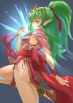  1girl artist_name ass blue_background breasts deekei dragonstone dress fire_emblem fire_emblem:_mystery_of_the_emblem fire_emblem_awakening fire_emblem_heroes green_eyes green_hair highres jewelry leg_up light_rays long_hair looking_to_the_side medium_breasts necklace official_alternate_costume pink_dress pointy_ears ponytail short_dress side_slit sideboob simple_background solo stone thighs tiki_(fire_emblem) very_long_hair 