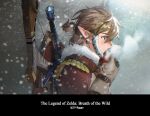  absurdres blonde_hair blue_eyes bow_(weapon) breath brown_jacket earrings fur_collar gloves hair_between_eyes hair_ribbon highres jacket jewelry link male_focus medium_hair outdoors pointy_ears ribbon shield short_ponytail sidelocks snow snowing solo sword the_legend_of_zelda the_legend_of_zelda:_breath_of_the_wild twitter_username upper_body weapon weapon_on_back white_ribbon winter_clothes yurian_(user_utch8788) 
