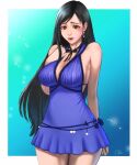  1girl 5tatsu aqua_background arm_behind_back artist_name asymmetrical_bangs bangs bare_arms black_hair blue_background blue_dress blush border breasts brown_eyes choker cleavage cowboy_shot crescent crescent_earrings dress earrings final_fantasy final_fantasy_vii final_fantasy_vii_remake gradient gradient_background hand_on_own_chest highres jewelry large_breasts lingerie long_hair looking_at_viewer negligee official_alternate_costume parted_lips ribbon_choker solo sparkle tifa_lockhart underwear 