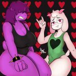  1:1 2021 5_fingers anthro bare_shoulders big_breasts black_bracelet black_clothing black_leotard blush bovid bracelet breasts bulge caprine cleavage clenched_teeth clothed clothed_anthro clothed_female clothed_male clothing deltarune devil_horns_(gesture) digital_media_(artwork) dinosaur duo eyewear female fingers fist fur gesture glasses goat green_clothing green_leotard hair hair_over_eyes hi_res horn jewelry leotard long_hair looking_at_viewer male mammal open_mouth pattern_background pink_horn purple_body purple_hair purple_skin purple_tail ralsei reptile scalie signature simple_background sitting spiked_bracelet spikes susie_(deltarune) teeth thick_thighs undertale_(series) video_games white_body white_ears white_fur white_tail xyaidiot 