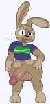  absurd_res anthro axis4s balls big_balls big_penis bottomless brown_body brown_fur clothed clothing fur genitals hi_res jack_(fresh_knight) lagomorph leporid male mammal penis rabbit shirt solo spots spotted_body spotted_fur tongue tongue_out topwear 