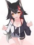  1girl absurdres animal_ear_fluff animal_ears black_hair breasts claw_pose cleavage collarbone dai_okami_kohei english_text fang feet_out_of_frame from_above hair_between_eyes hair_flaps hair_ornament hands_up highres hololive hood hoodie large_breasts long_hair long_sleeves looking_at_viewer multicolored_hair naked_hoodie ookami_mio open_mouth orange_eyes red_hair scoop_neck simple_background skin_fang solo streaked_hair tail thigh_strap two-tone_hoodie virtual_youtuber wolf_ears wolf_girl wolf_tail 