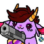  1:1 2022 2_horns :3 animated anthro bovid brown_hair caprine chibi colored desert_eagle digital_drawing_(artwork) digital_media_(artwork) eye_tattoo facial_piercing facial_tattoo fur goat gun hair handgun horn jewelry kidden_eksis low_res male mammal nose_piercing nose_ring piercing pistol pixel_(artwork) pixel_animation purple_body purple_fur purple_skin ralina ranged_weapon ring_piercing shooting simple_background smile solo tattoo weapon 