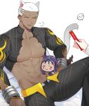  2boys abs animal_ears archer_(fate) archer_alter_(fate) archernuna bara bed bed_sheet biceps blush candy cat_ears cat_tail closed_eyes compression_shirt cu_chulainn_(fate) cu_chulainn_alter_(fate) dark-skinned_male dark_skin facial_tattoo fangs fate/grand_order fate_(series) feet_out_of_frame food highres large_pectorals leather leather_pants lying male_focus manly mature_male mini_cu-chan_(fate) multiple_boys muscular muscular_male navel nipples on_back open_mouth pants pectorals pillow shirt short_hair simple_background spiked_hair tail tattoo tight tongue white_background white_hair yellow_eyes 