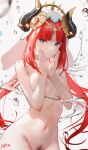  1girl bangs blue_eyes blush breasts female_pubic_hair genshin_impact hair_ornament horns jewelry long_hair looking_at_viewer medium_breasts navel neck_ring nilou_(genshin_impact) nipples nude omone_hokoma_agm pubic_hair red_hair sidelocks solo veil water 