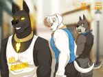  2022 4:3 ace_the_bat-hound anthro anubis black_body canid canine canis clothed clothing collar dc_league_of_super-pets deity distracted_boyfriend domestic_dog egyptian_mythology fangs glowing glowing_collar glowing_eyes group humor krypto looking_at_another looking_back male mammal meme middle_eastern_mythology mythology open_mouth scarf shawd shirt sleeveless_shirt smile smirk standing tail_motion tailwag teeth text tongue topwear trio white_body wide_eyed 