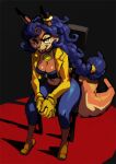 2022 anthro bittenhard blue_hair boots breasts brown_body brown_fur canid canine carmelita_fox chair cleavage clothed clothing collar ear_piercing ear_ring female footwear fox fur furniture gloves hair handwear long_hair looking_at_viewer mammal piercing ring_piercing sitting sly_cooper_(series) solo sony_corporation sony_interactive_entertainment sucker_punch_productions video_games 