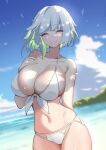  1girl arm_behind_back bangs beach bikini blurry blurry_background blush breasts cleavage closed_eyes cloud commentary_request front-tie_bikini front-tie_top green_eyes grey_hair hand_on_own_chest highres large_breasts looking_at_viewer multicolored_hair ocean original outdoors short_hair skindentation sky smile solo swimsuit warashi white_bikini 