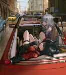  2girls animal_ears arknights black_hair black_skirt box breasts building car cellphone cigar city convertible day flip_phone gloves grey_hair ground_vehicle hair_ornament hairclip highres holding holding_phone lappland_(arknights) large_breasts long_hair motor_vehicle mouth_hold multiple_girls outdoors phone red_gloves red_shirt road sawkm scar scar_across_eye seat shirt sign skirt smoke steering_wheel texas_(arknights) texas_(willpower)_(arknights) thigh_strap weapon wolf_ears wolf_girl 