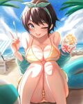  1girl aqua_eyes bangs bare_shoulders beach bikini bow breast_rest breasts brown_hair cleavage collarbone hair_bow highres hololive index_finger_raised knees_up light_blush looking_at_viewer medium_breasts nojikorirakkusu ocean one_eye_closed oozora_subaru polka_dot shaved_ice sky smile striped striped_bikini swept_bangs swimsuit tongue umbrella virtual_youtuber 