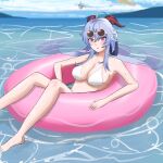  1girl absurdres ahoge bangs bare_legs bare_shoulders bikini bikini_top_only blue_hair blush breasts brown_eyes cleavage collarbone cow_horns eyewear_on_head ganyu_(genshin_impact) genshin_impact highres horns hum455 legs lifebuoy long_hair looking_at_viewer medium_breasts multicolored_eyes ocean open_mouth purple_eyes sidelocks simple_background sitting solo sunglasses swimsuit wet white_bikini 